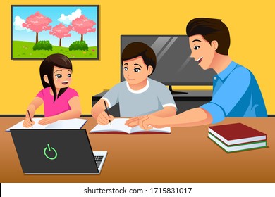 A vector illustration of Parents Teaching Kids Studying at Home 