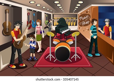 A Vector Illustration Of Parents With Their Kid Buying Musical Instrument In A Music Store