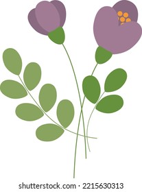 Ilustración vectorial de una pari de flores púrpura con hojas verdes. Vector clipart con dos flores y hojas violetas