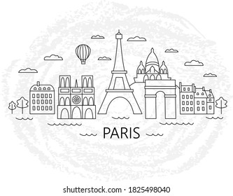 Vector illustration of Paris in black and white for desing poster, banner, website, card, packaging. Eiffel Tower, 
Triumphal Arch, Basilica of the Sacred Heart and parisian buildings illustration. 