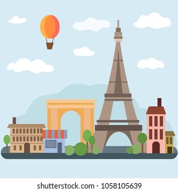 ilustración vectorial de París con la Torre Eiffel, arco y casas sobre un fondo azul con nubes y un globo