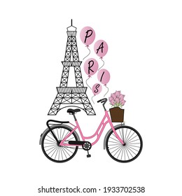 Vector illustration Paris. Eiffel tower, bike with bouquet of flowers and balloons with text.