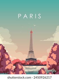 Ilustración vectorial. París, Francia. Diseño para póster, Anuncio, postal, portada. Diseño moderno. Cartel en la pared. Estilo de dibujos animados.