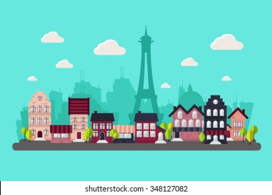 Vector Illustration of Paris with Houses and Eiffel Tower. Flat design style. Layered EPS10 file.