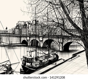 Vektorgrafik von Paris- Ile de la Cite - Pont neuf (handgezeichnet)