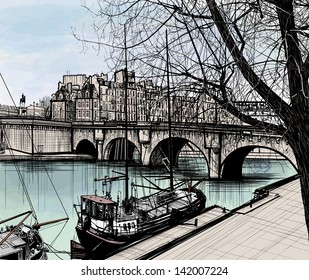 Vector illustration of Paris- Ile de la Cite - Pont neuf (hand drawing)