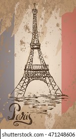Vector illustration, Paris label with hand drawn Eiffel Tower, lettering Paris and french flag