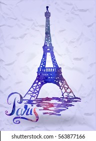 Vector illustration, Paris label with hand drawn Eiffel Tower with watercolor fill, lettering Paris
