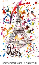 Vector illustration, Paris label with hand drawn Eiffel Tower, lettering Paris on multicolored watercolor background