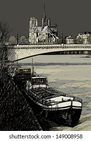 Vector illustration of Paris- Seine River with barges - Ile de la Cite and Notre-Dame - stormy weather (hand drawing)