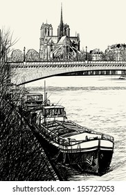 Vector illustration of Paris- Seine River with barges - Ile de la Cite and Notre-Dame (hand drawing)