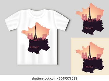 Vector illustration of Paris skyline with Eiffel Tower in France map silhouette and T Shirt mockup