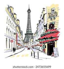 Vektorillustration der Pariser Straße mit Straßencafé und Eiffelturm im Hintergrund, Paris, Frankreich