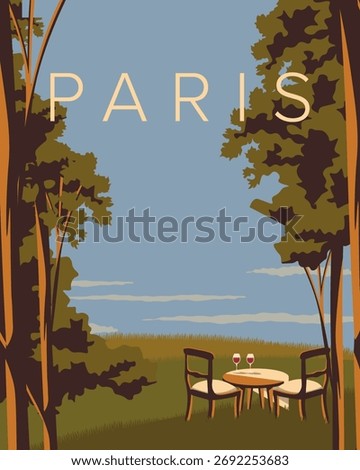 Vector illustration. Paris suburbs, nature, cafe. Retro style. Poster, banner, cover, postcard.