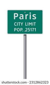 Vector illustration of the Paris (Texas) City Limit green road sign on metallic pole