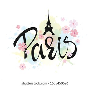 Vector illustration of Paris text and Eiffel sketch for travel poster. Paris lettering typography poster / card / invitation / banner