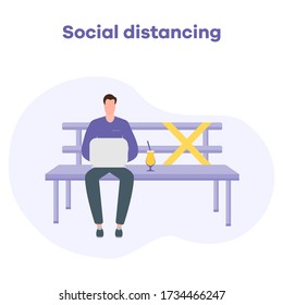 Vector illustration park bench after COVID-19 quarantine, coronavirus pandemic. Keeping distance between visitors. Social distancing. Reducing risk of infection, prevention measures