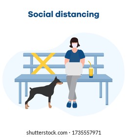 Banco de parque de ilustraciones vectoriales después de la cuarentena COVID-19, pandemia de coronavirus. Mantener la distancia entre los visitantes. El distanciamiento social. Reducción del riesgo de infección, medidas de prevención