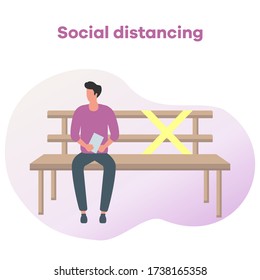 Vector illustration park bench after COVID-19 quarantine, coronavirus pandemic. Keeping distance between visitors. Social distancing. Reducing risk of infection, prevention measures