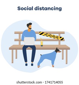 Vector illustration park bench after COVID-19 quarantine, coronavirus pandemic. Keeping distance between visitors. Social distancing. Reducing risk of infection, prevention measures