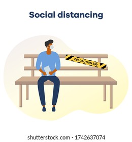 Vector Illustrationspark bench nach COVID-19 Quarantäne, Coronavirus Pandemie. Abstand zwischen den Besuchern halten. Soziale Distanzierung. Verringerung des Infektionsrisikos, Vorbeugungsmaßnahmen