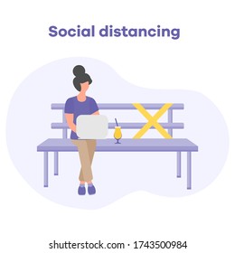 Vector illustration park bench after COVID-19 quarantine, coronavirus pandemic. Keeping distance between visitors. Social distancing. Reducing risk of infection, prevention measures