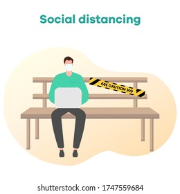 Vector illustration park bench after COVID-19 quarantine, coronavirus pandemic. Keeping distance between visitors. Social distancing. Reducing risk of infection, prevention measures