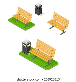 A vector illustration of a park bench with litter bin.
Park bench.
Outdoor park benches on grass.
