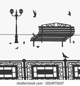 Vector Illustration The Park bench and Pigeons