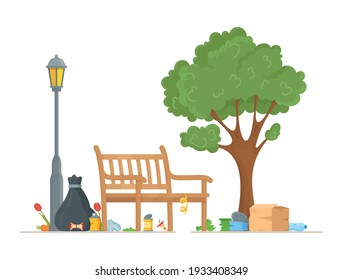 Vector illustration of a park bench standing near a tree. Spending the weekend with benefit.