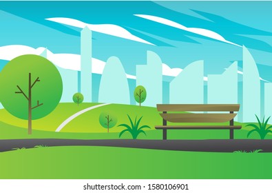 vector illustration of a park and bench surrounded by green trees in the middle of the city