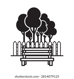 Vector illustration of a park bench surrounded by trees and a picket fence in a minimalist outline style depicting an outdoor public seating area for relaxation and leisure in a natural environment perfect for nature and park related designs.