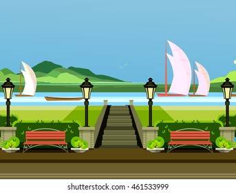 vector illustration of a park with benches on the shore of the river sail sailboats