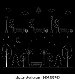 vector illustration of park in the black and white colours, daytime with clouds and night time with new moon and stars. outline bench, trees, trash cans and street lights