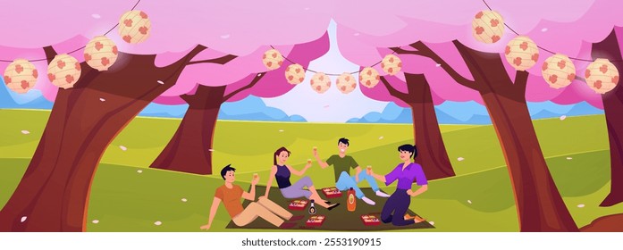 Ilustración vectorial de un parque con sakura en flor, decorado con linternas redondas, prado y personas en un picnic. Festival Hanami japonés. Los personajes se relajan en un huerto de cerezos.