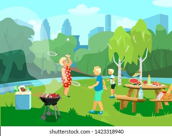 Vector illustration of the park csene with grandparents and grandchild having picnic and barbecue in the park, playing badminton.  Grill with sausages and skewers. Picnic table served.Cartoon style.