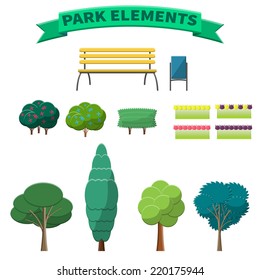 Vector Illustration of Park Elements for Design, Website, Background, Banner.City Garden Template for Infographic with Tree, Cypress, Bush, flower, bench