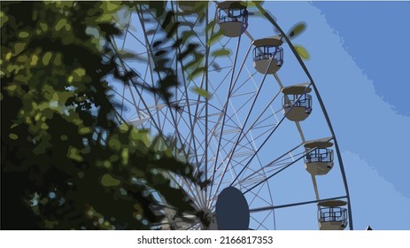 Vector illustration of a park. In the foreground a green crown of trees. In the background a piece of a fairground sightseeing bike. Carousel, attractions, compositions. Summer, travel, fun. Blue sky.