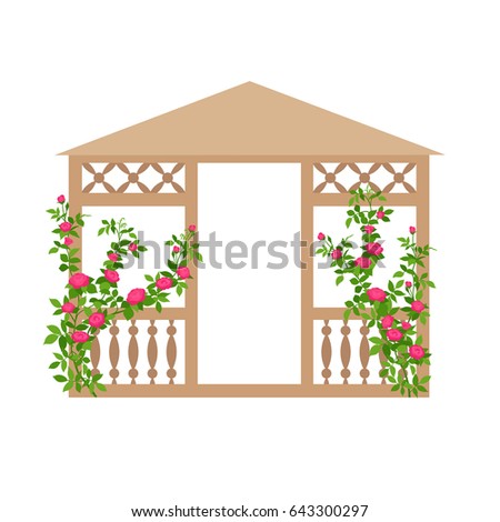 Vector illustration of park and garden pavilion with climbing flowers in flat style, isolated on white background.  Vertical gardening sign. Outdoor decor element.
