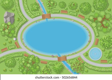 Vector illustration. The park with a large lake. Nobody. (top view) 
Paths, benches, walkways, trees, bushes, fountain. (view from above)  
Lake. (Space for your text.)