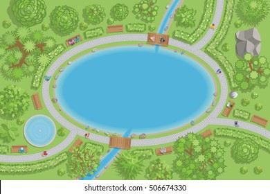 Vector illustration. Park with a large lake. (Top view)
Paths, trees, shrubs, lake, fountain, people. (View from above)