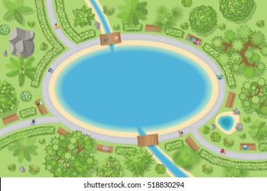 Vector illustration. Park with a large lake. (Top view)
Paths, trees, shrubs, lake, people. (View from above)