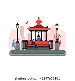 Vector illustration of park with red pagoda 