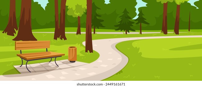 Vector illustration of a park scene with a bench, path, trees, and a trash bin, in a flat graphic style on a vibrant green background, concept of nature. Vector illustration