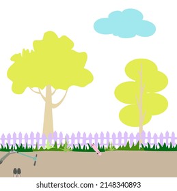 Ilustración vectorial de un estilo de dibujos animados de la escena del parque con árboles, vallas, nubes, ciclomotor y patineta