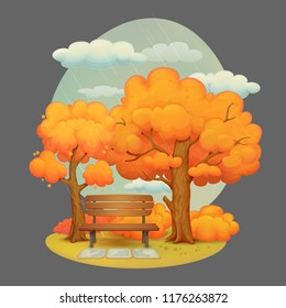 Vector illustration. Park scene. Summer day in the park. Wooden bench with wet stone slabs in front. Trees with orange foliage, thick bushes and a cloudy sky and in the background. 