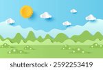 Vector illustration of park scenery with mountain and cloud sky on a sunny day. Paper cut and craft style illustration