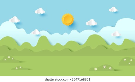 Vector illustration of park scenery with mountain and cloud sky background. Paper cut and craft style illustration