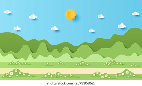 Vector illustration of park scenery with mountain and cloud sky on a sunny day. Paper cut and craft style illustration
