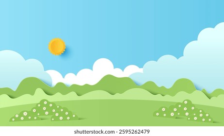 Vector illustration of park scenery with mountain and cloud sky on a sunny day. Paper cut and craft style illustration